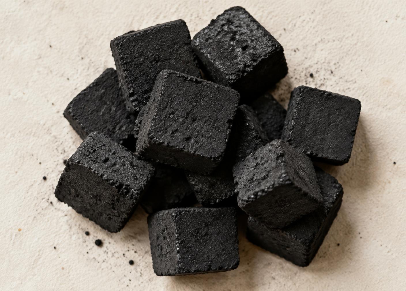 Stacked natural coconut-shell charcoal cubes on an ivory surface