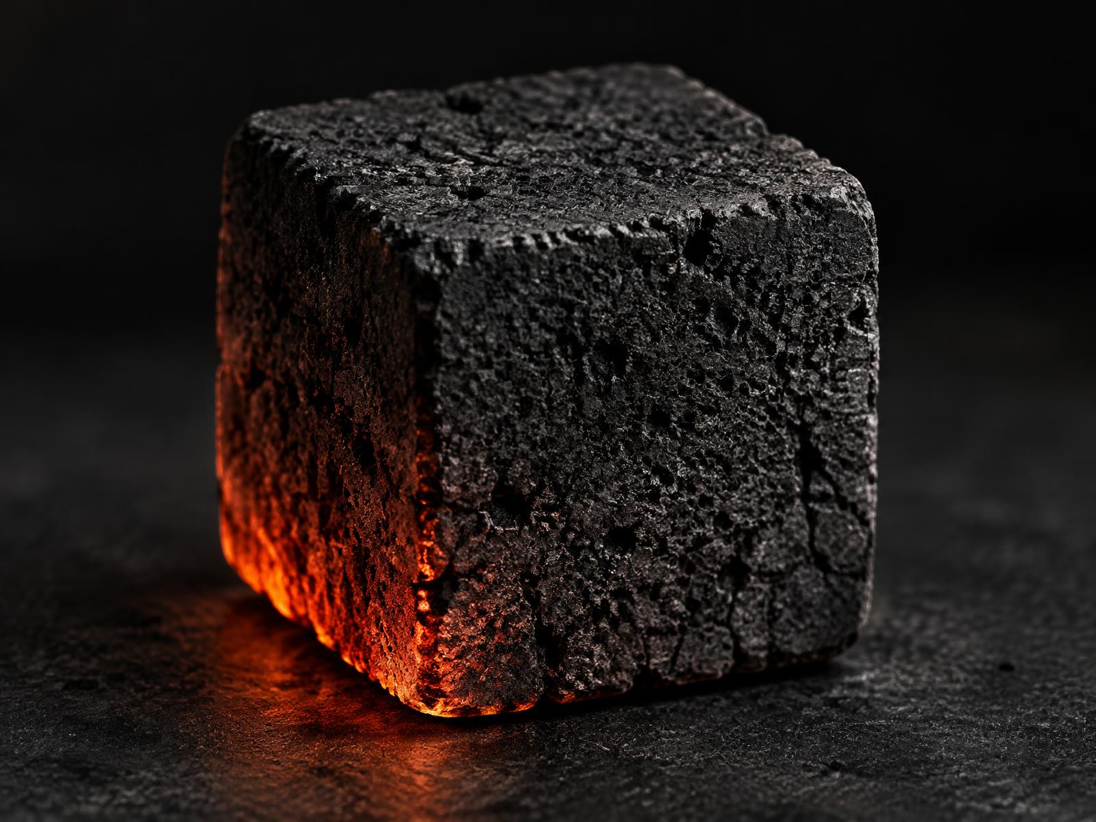 A single natural coconut-shell charcoal cube with a faint ember glow along one edge