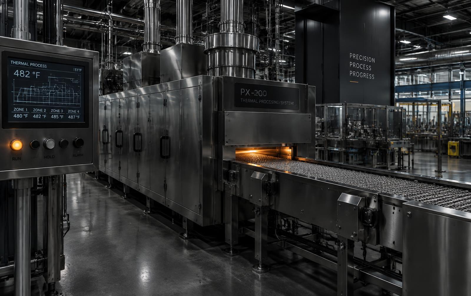 Clean industrial thermal processing equipment inside a manufacturing facility